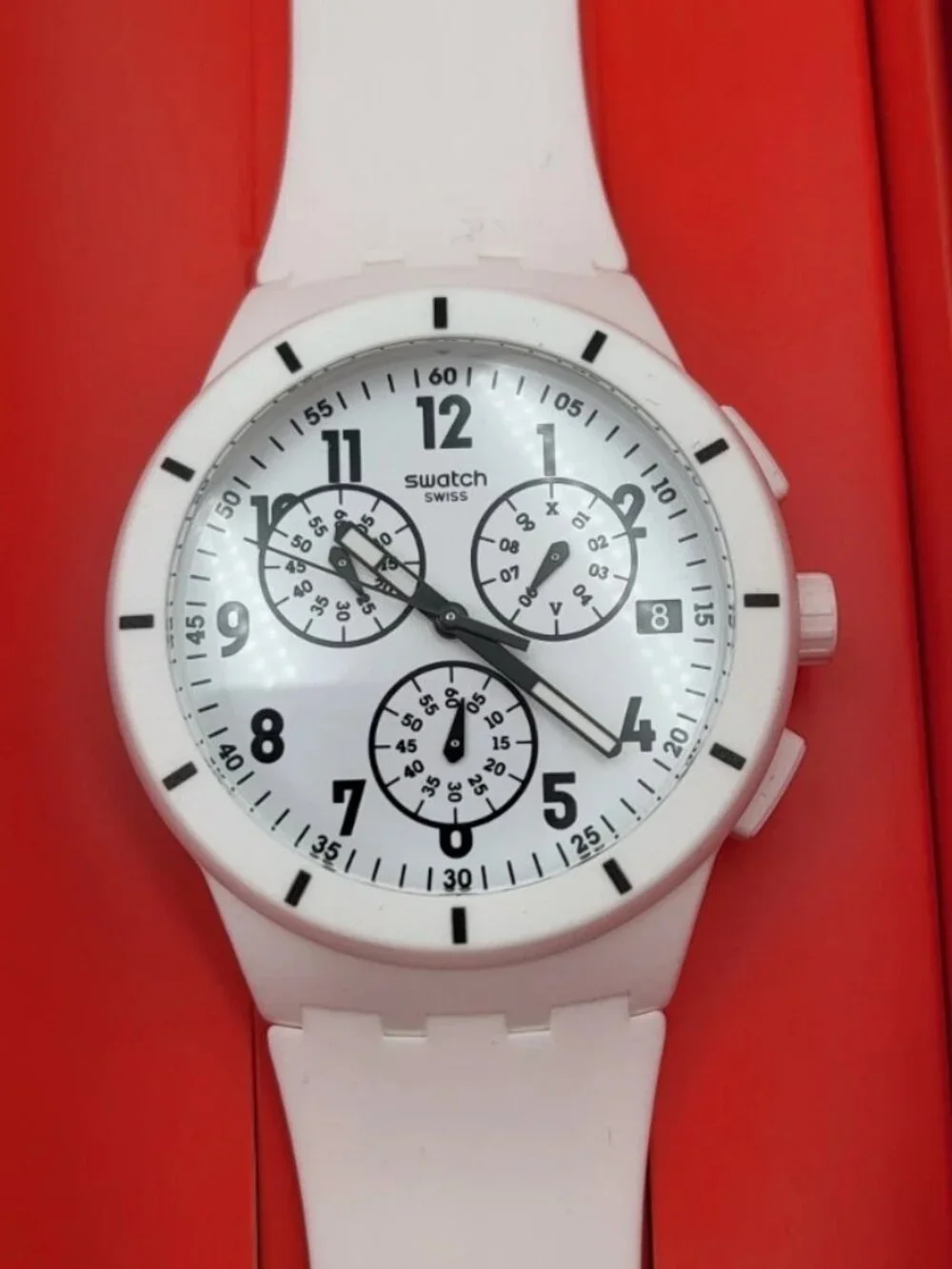 Swatch TWICE AGAIN SUSW402 White Chronograph Swiss Quartz Watch 42mm